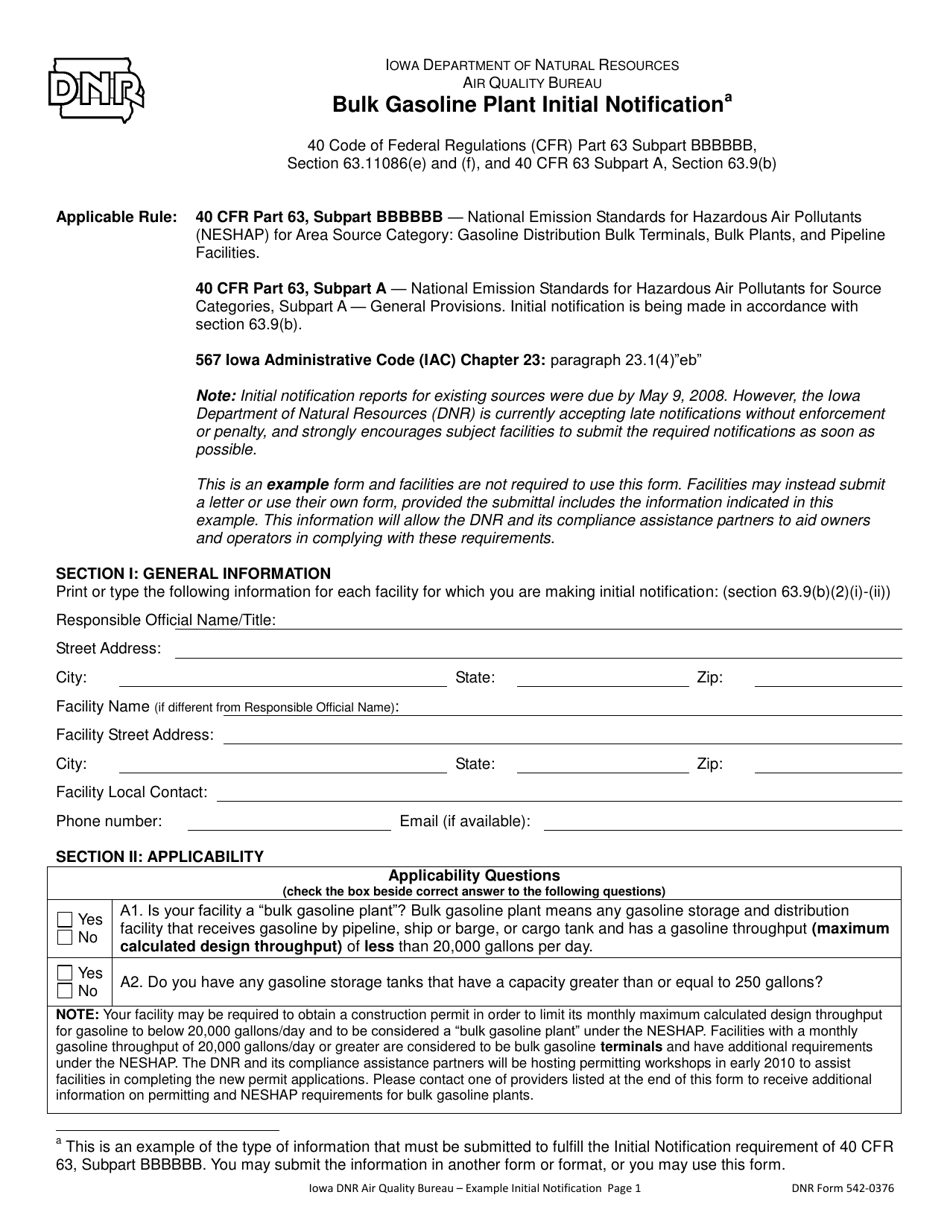 DNR Form 542-0376 Bulk Gasoline Plant Initial Notification - Iowa, Page 1