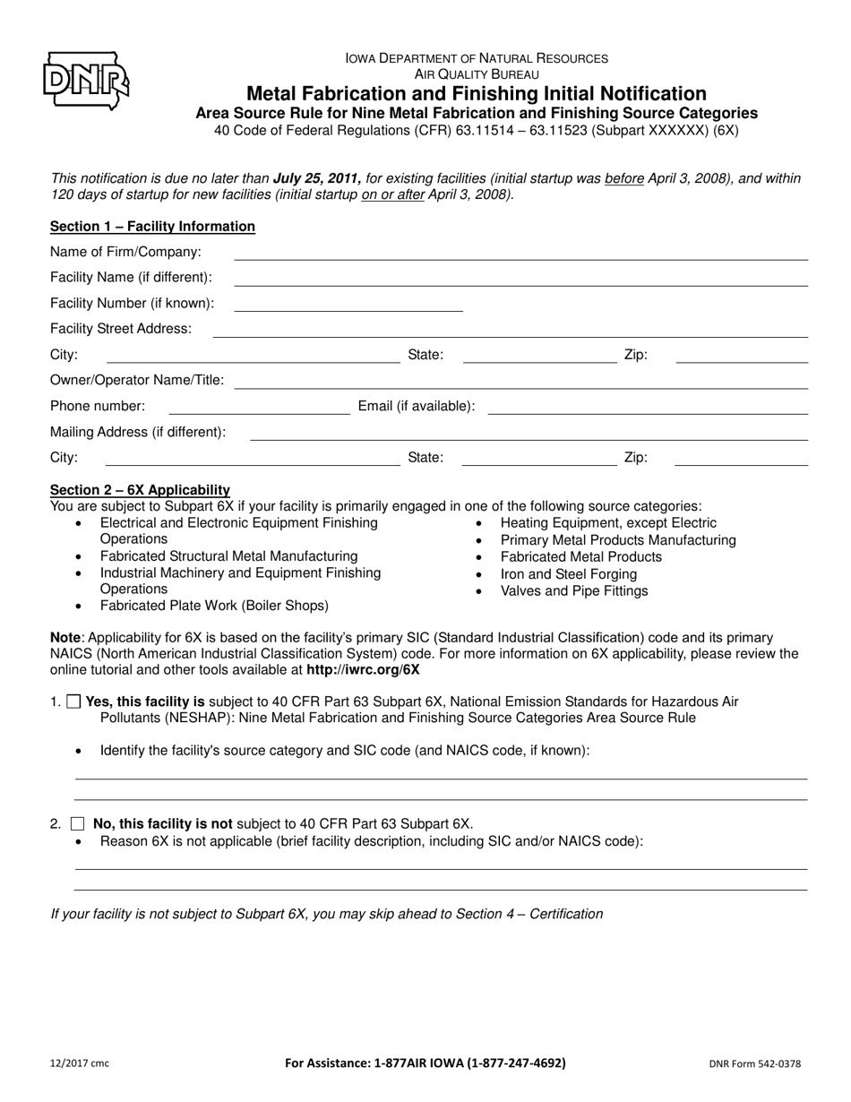 DNR Form 542-0378 Metal Fabrication and Finishing Initial Notification - Iowa, Page 1
