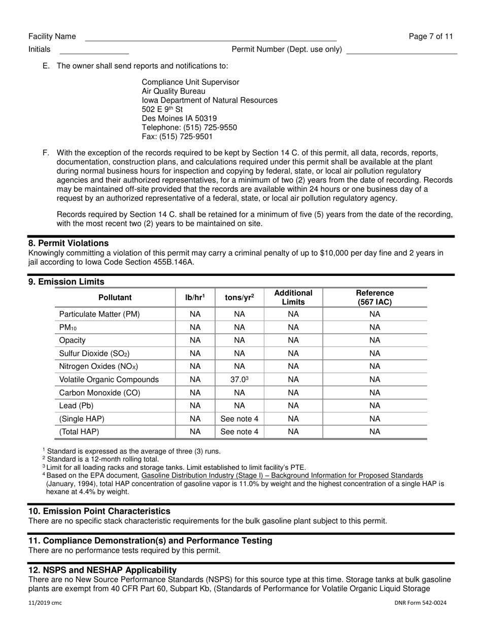 DNR Form 542-0024 Air Quality Construction Permit for a Large Bulk Gasoline Plant - Iowa, Page 7