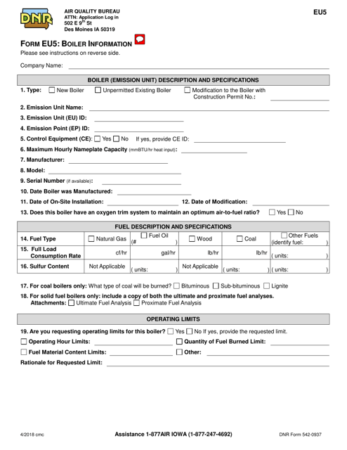 Form EU5 (DNR Form 542-0937)  Printable Pdf
