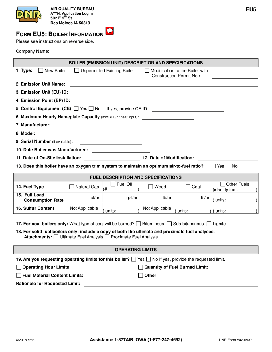 Form EU5 (DNR Form 542-0937) Boiler Information - Iowa, Page 1