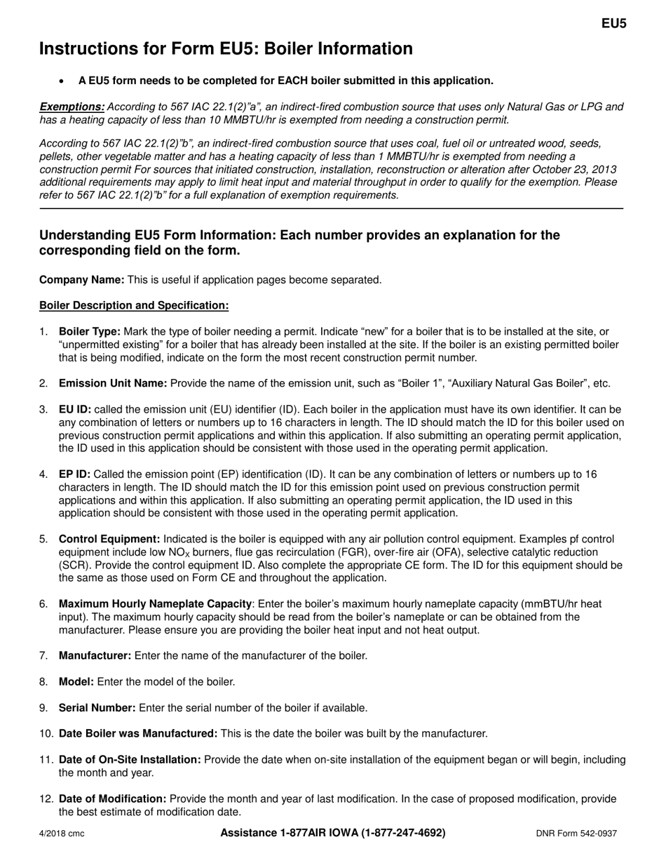 Form EU5 (DNR Form 542-0937) Boiler Information - Iowa, Page 2