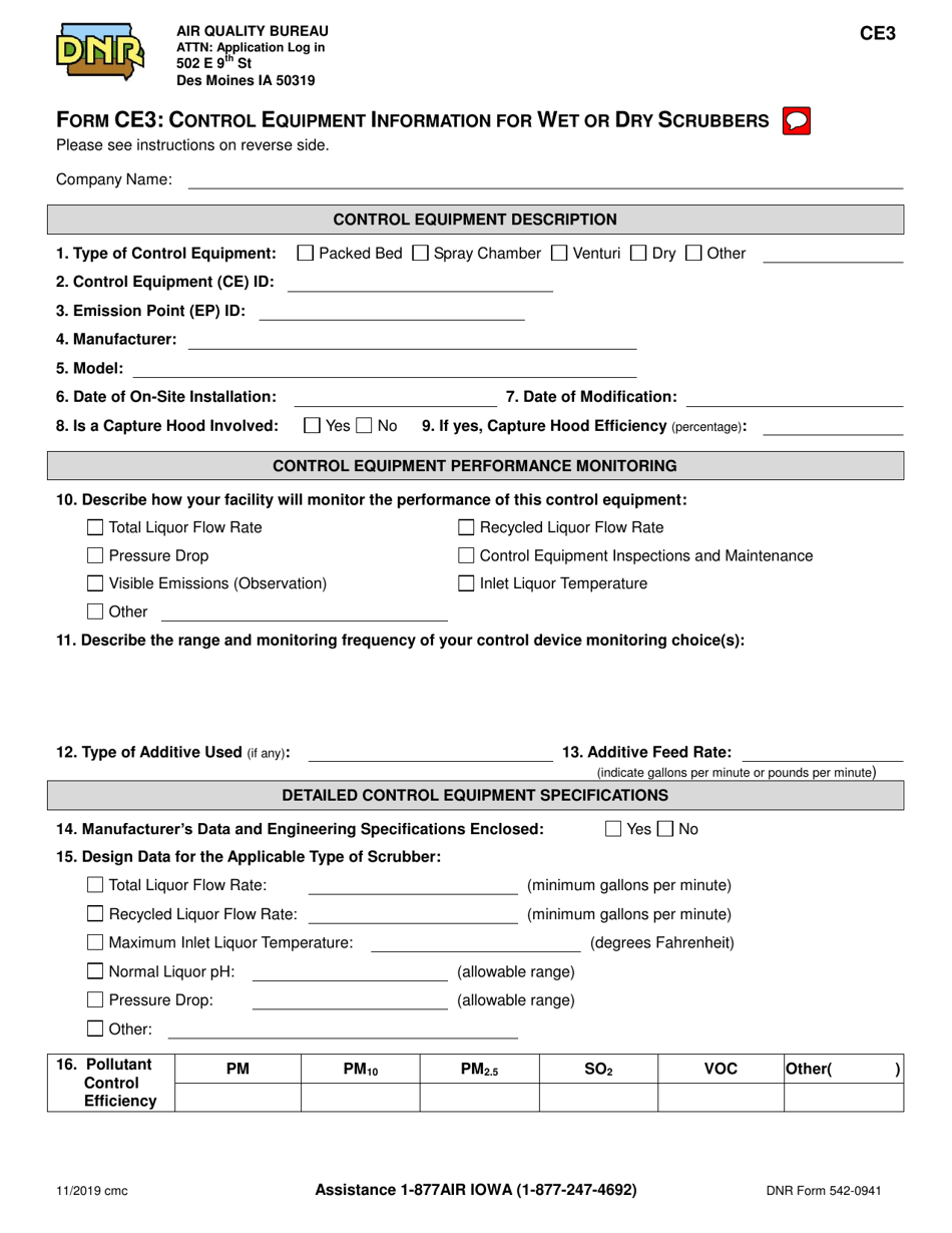 Form CE3 (DNR Form 542-0941) Control Equipment Information for Wet or Dry Scrubbers - Iowa, Page 1