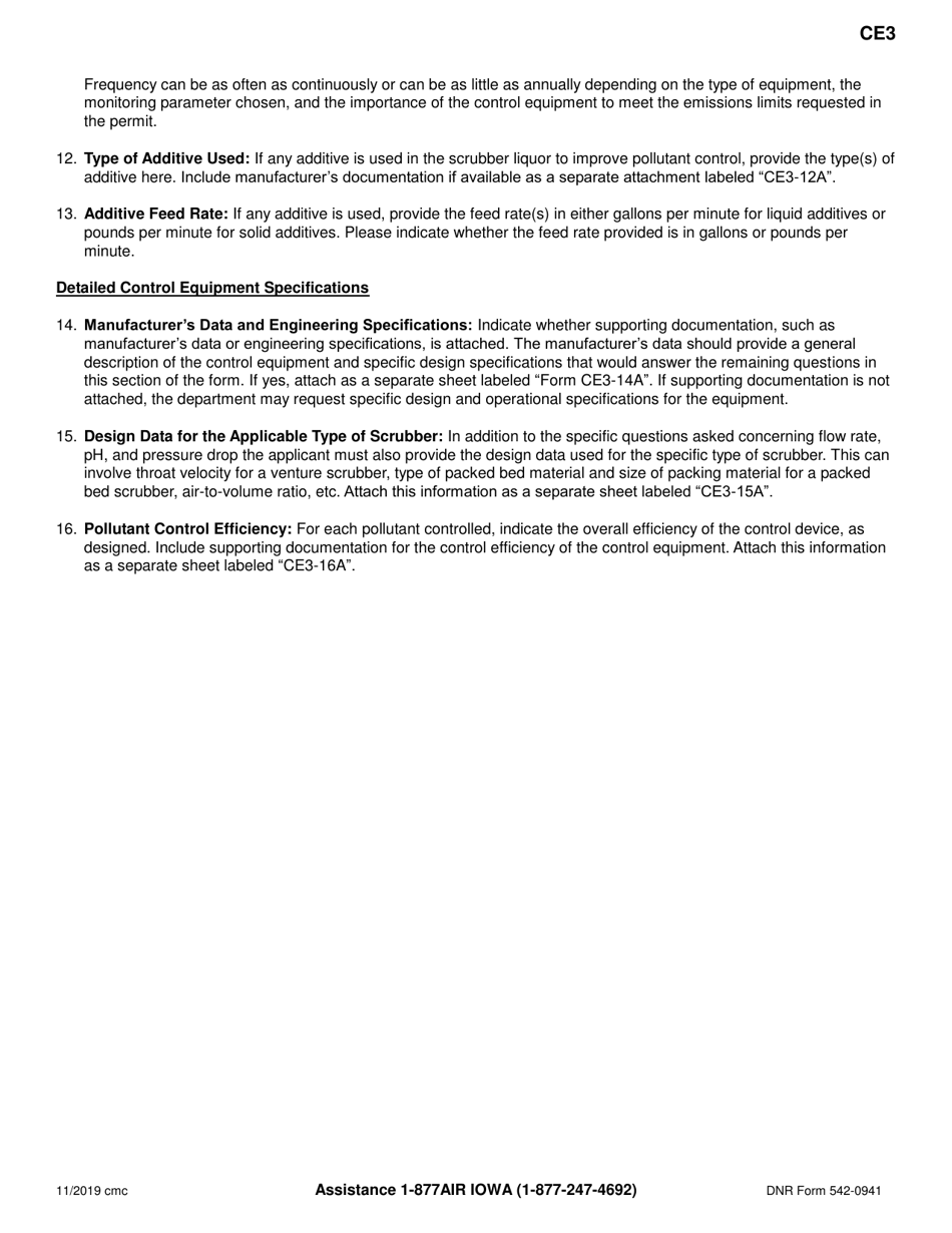 Form CE3 (DNR Form 542-0941) Control Equipment Information for Wet or Dry Scrubbers - Iowa, Page 3