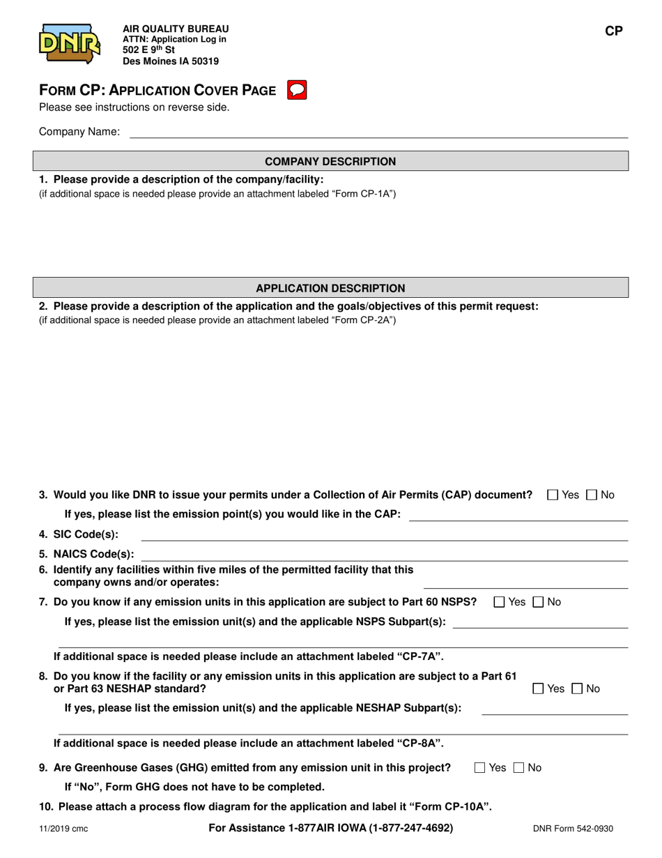 Form CP (DNR Form 542-0930) Application Cover Page - Iowa, Page 1