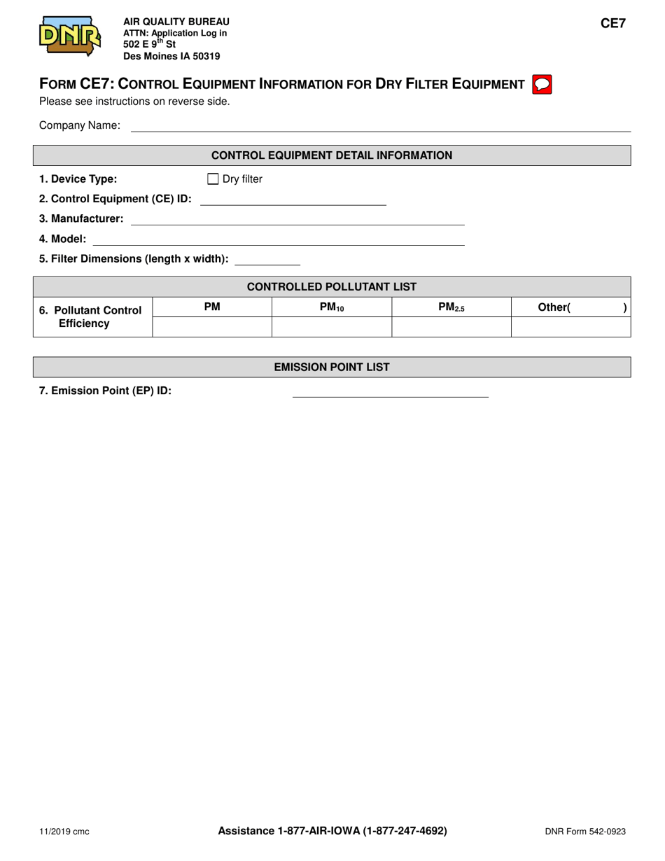 Form CE7 (DNR Form 542-0923) Control Equipment Information for Dry Filter Equipment - Iowa, Page 1