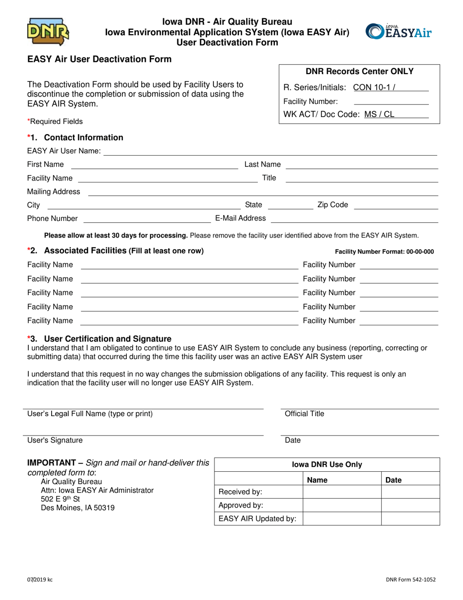 DNR Form 542-1052 Iowa Environmental Application System (Iowa Easy Air) User Deactivation Form - Iowa, Page 1