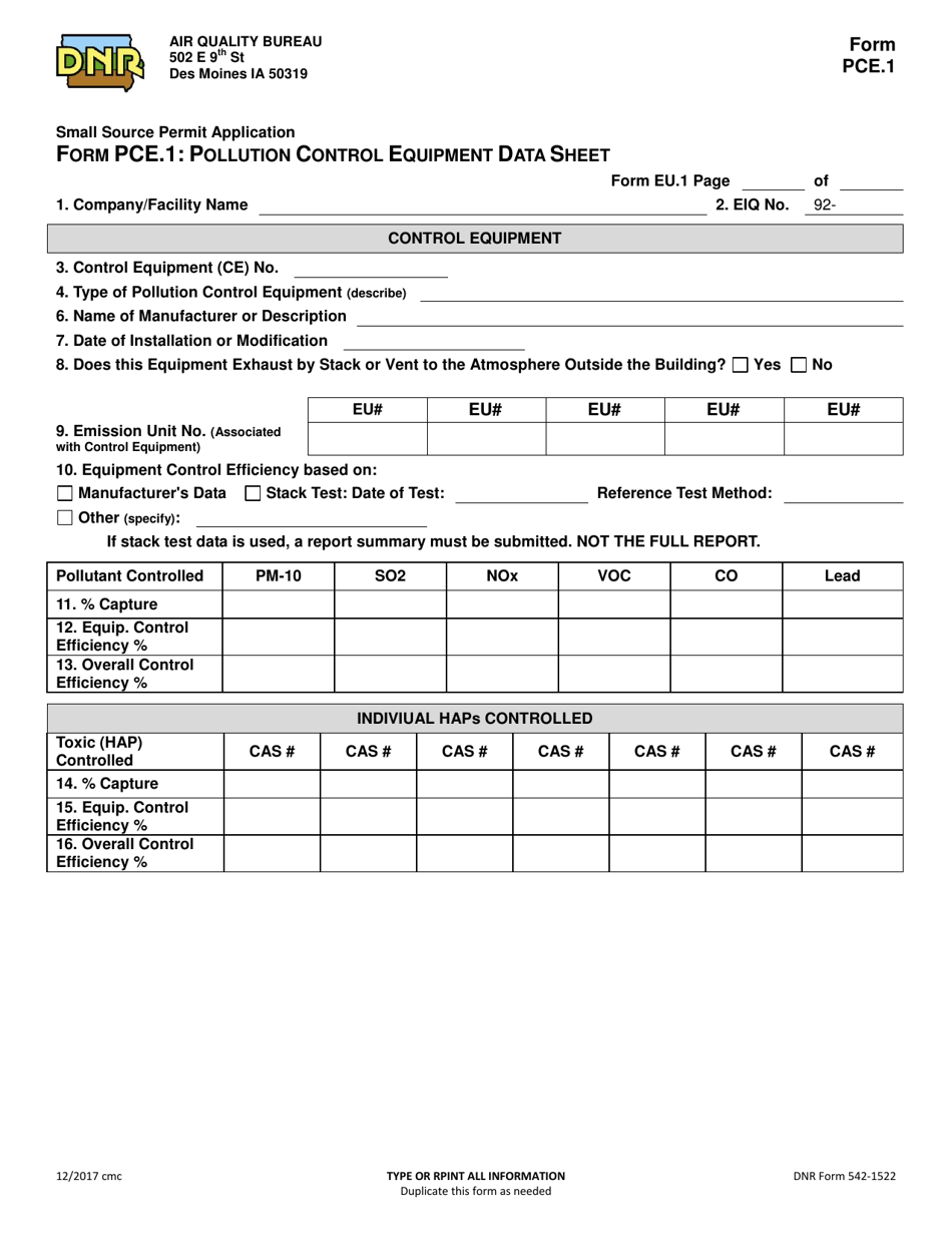 Form PCE.1 (DNR Form 542-1522) Pollution Control Equipment Data Sheet - Iowa, Page 1