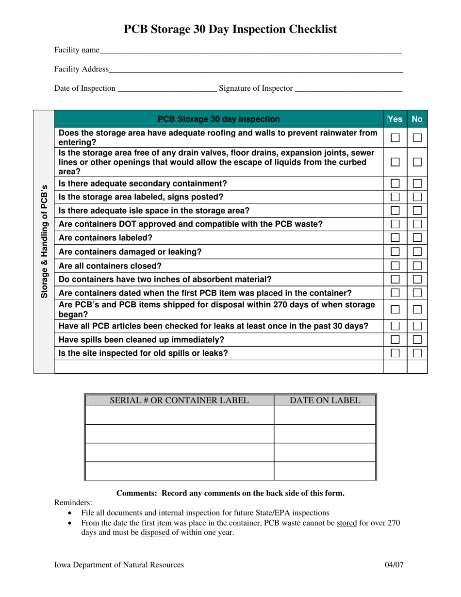 Pcb Storage 30 Day Inspection Checklist - Iowa, Page 1