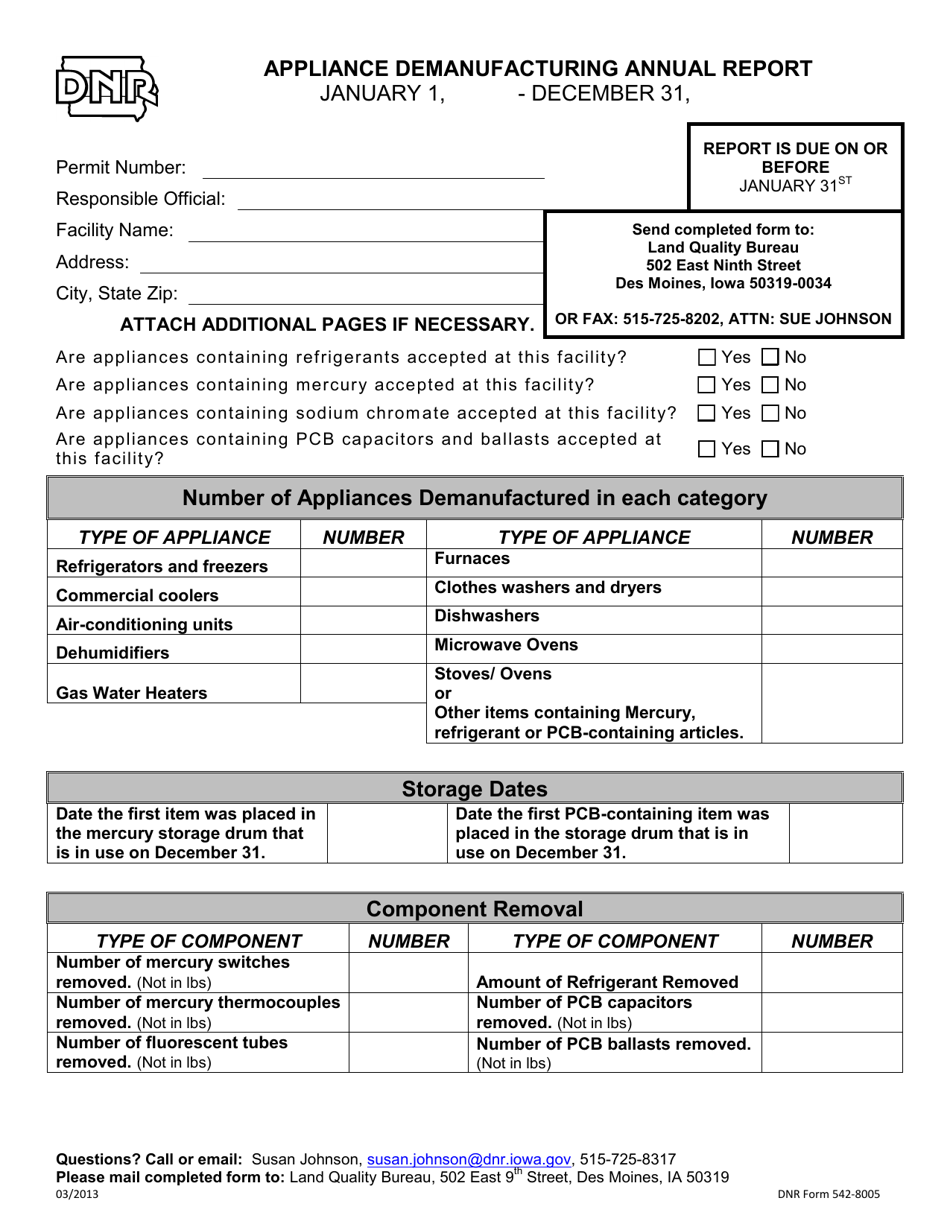 DNR Form 542-8005 Appliance Demanufacturing Annual Report - Iowa, Page 1