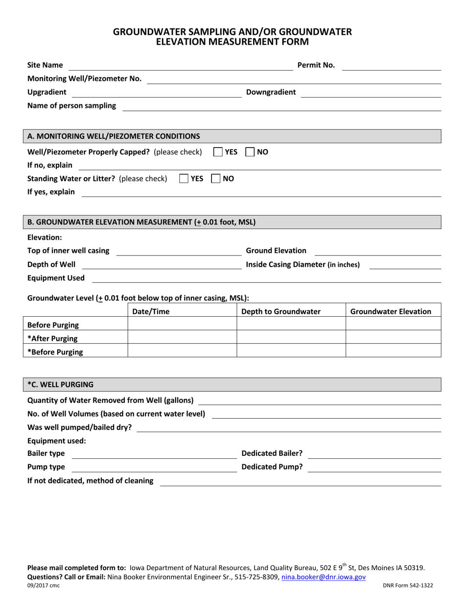DNR Form 542-1322 Groundwater Sampling and / or Groundwater Elevation Measurement Form - Iowa, Page 1