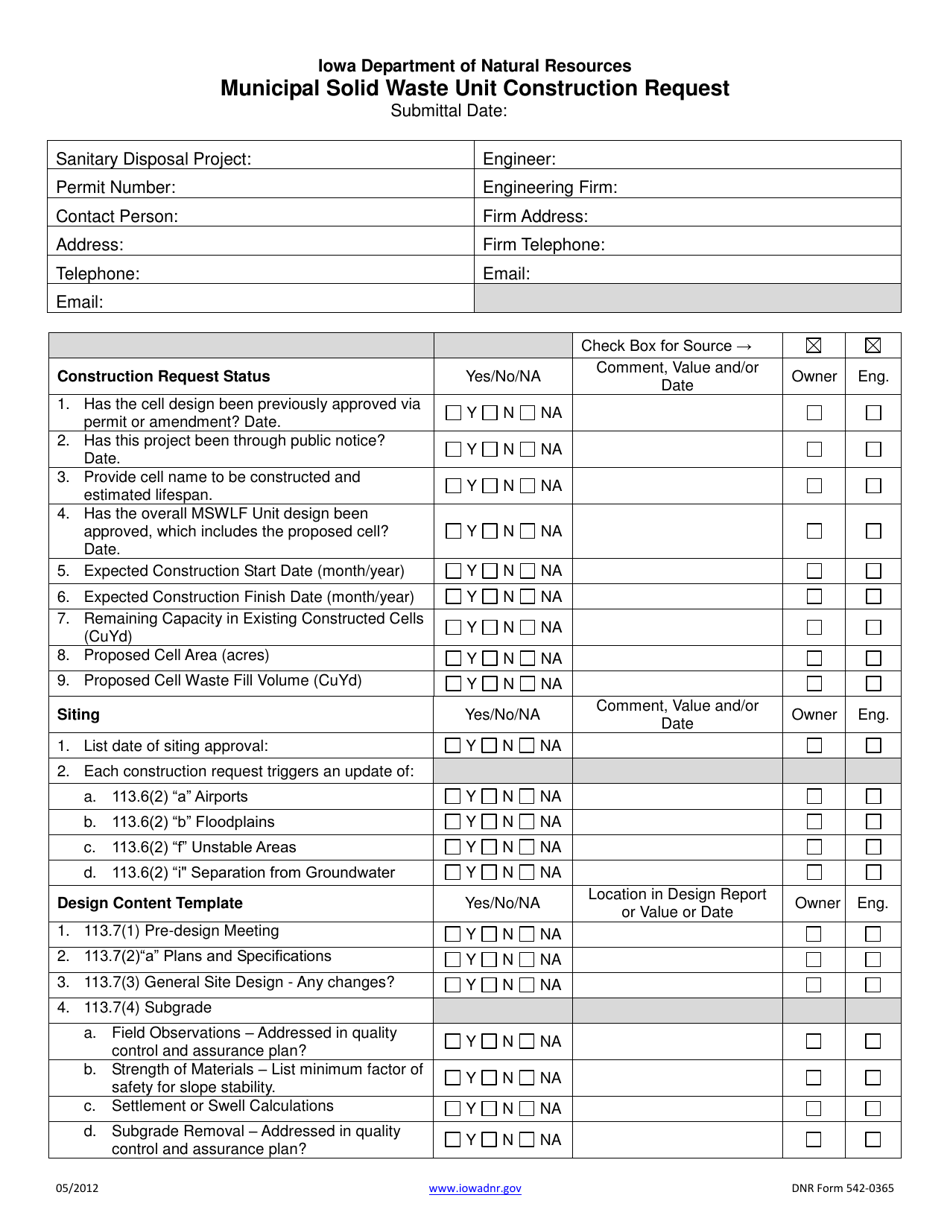 DNR Form 542-0365 Municipal Solid Waste Unit Construction Request - Iowa, Page 1