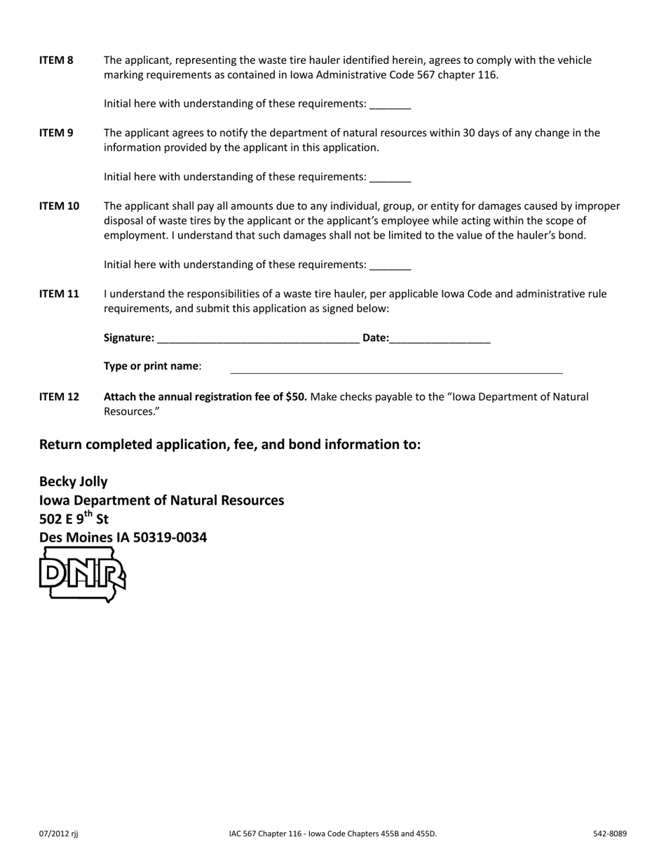 DNR Form 542-8089 Waste Tire Hauler Registration Application / Renewal Form - Iowa, Page 3