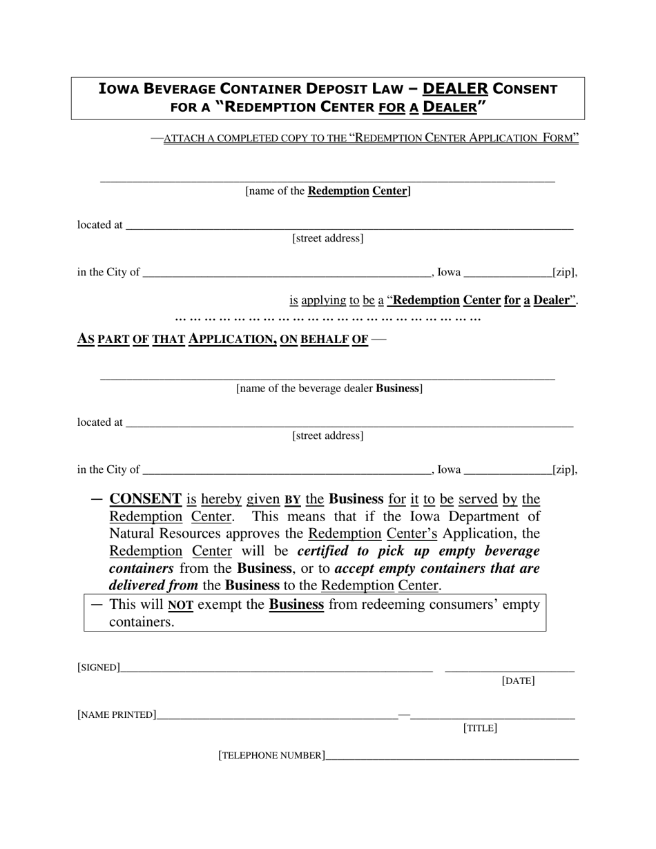 Iowa Beverage Container Deposit Law - Dealer Consent for a Redemption Center for a Dealer - Iowa, Page 1