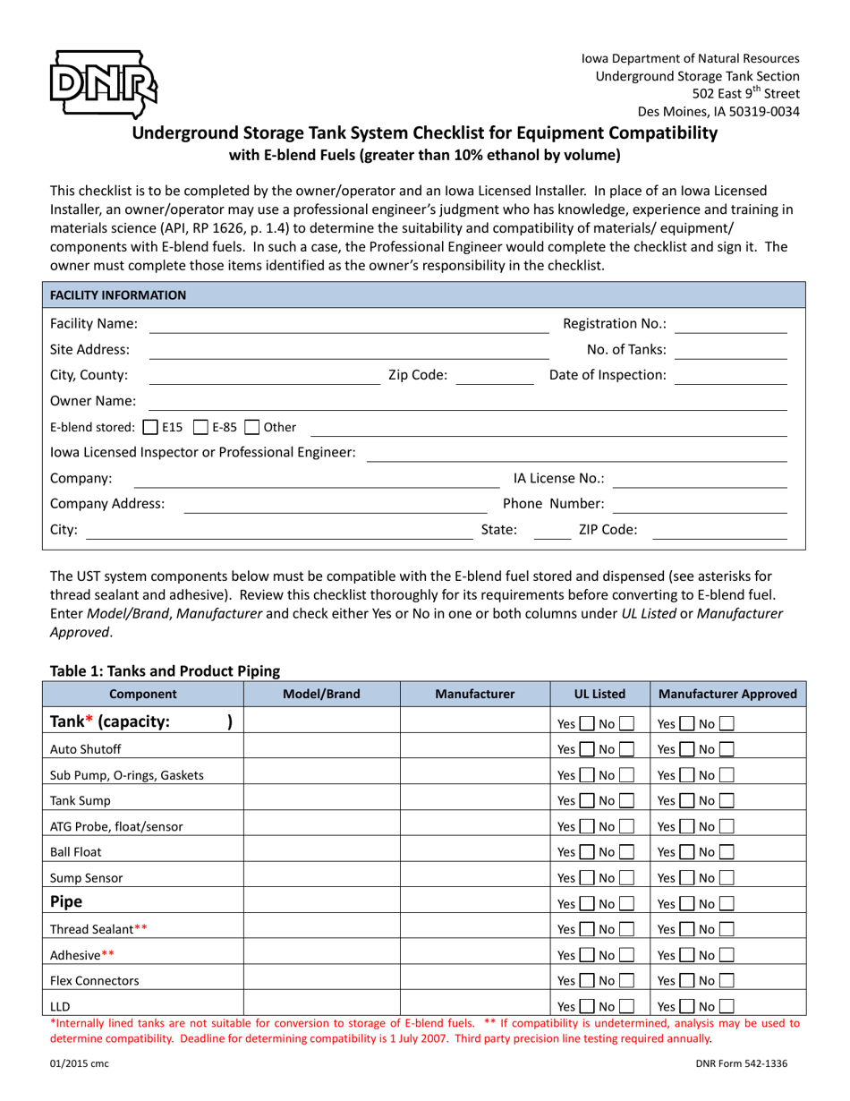 DNR Form 542-1336 Underground Storage Tank System Checklist for Equipment Compatibility With E Blend Fuels (Greater Than 10% Ethanol by Volume) - Iowa, Page 1