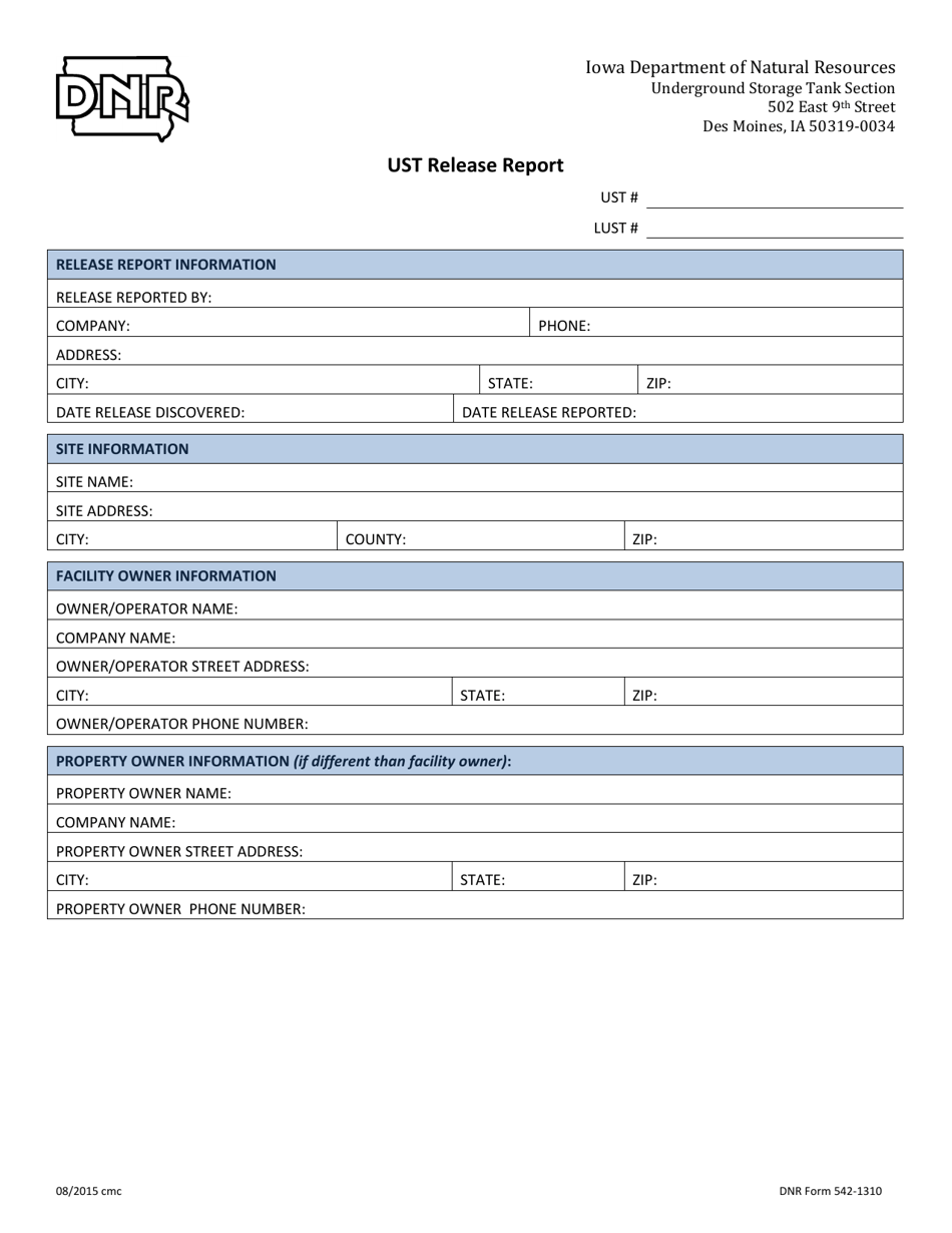 DNR Form 542-1310 Ust Release Report - Iowa, Page 1