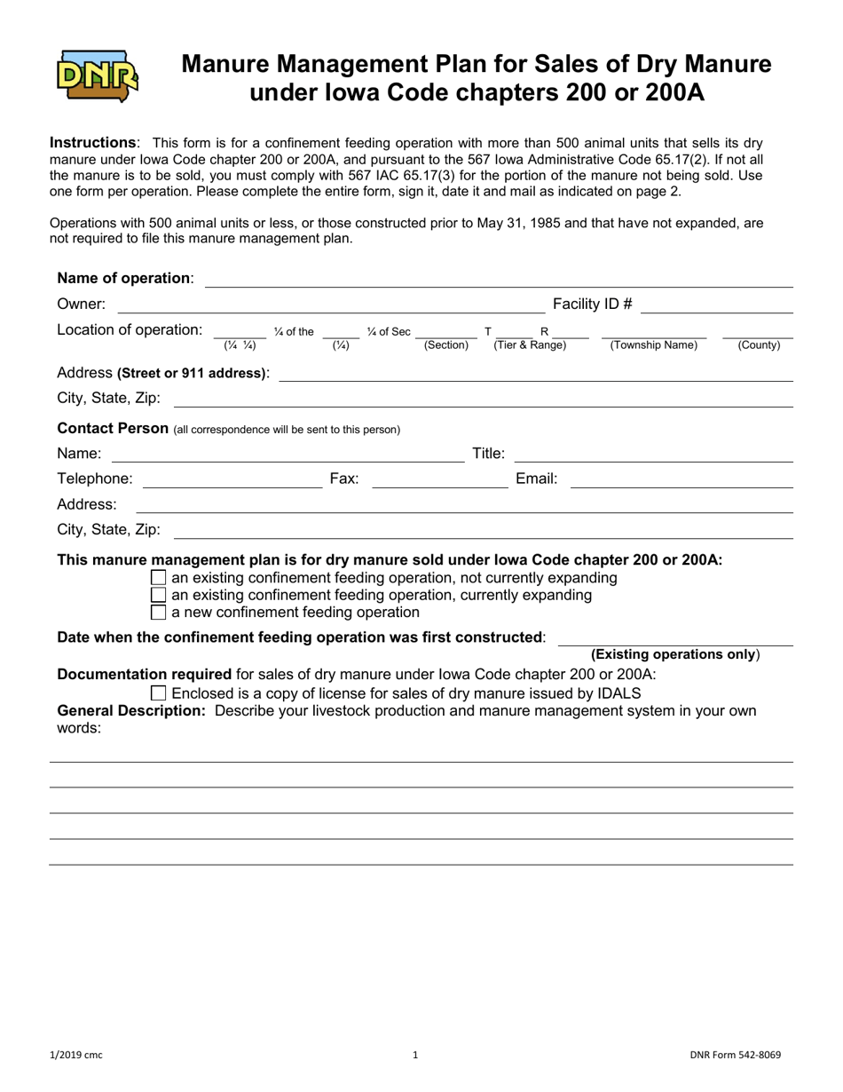 DNR Form 542-8069 Manure Management Plan for Sales of Dry Manure Under Iowa Code Chapters 200 or 200a - Iowa, Page 1