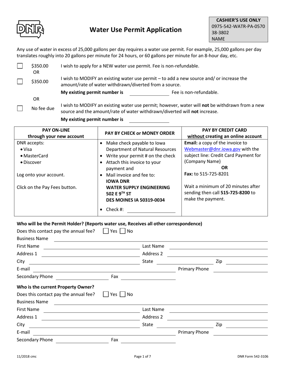 DNR Form 542-3106 Water Use Permit Application - Iowa, Page 1