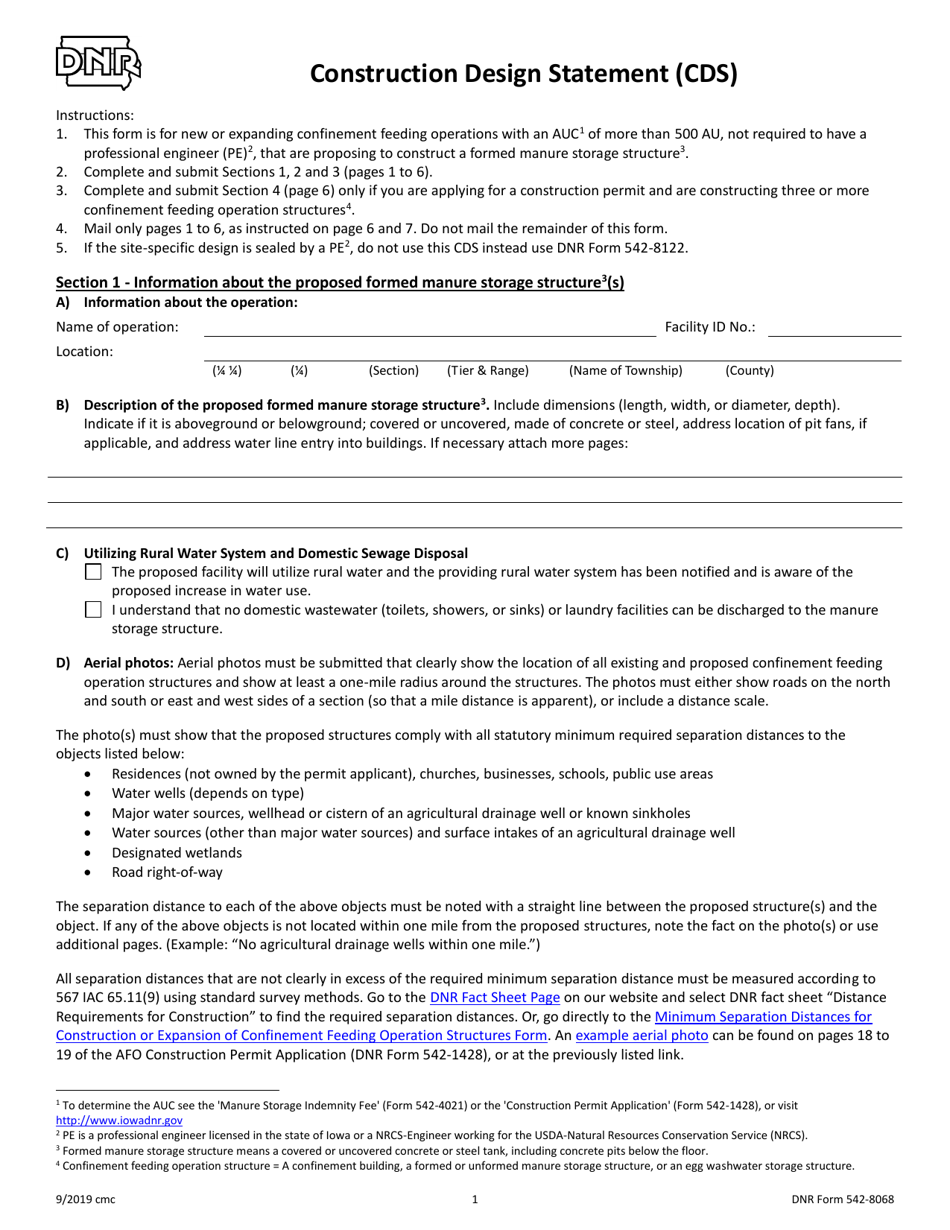 DNR Form 542-8068 Construction Design Statement (Cds) - Iowa, Page 1