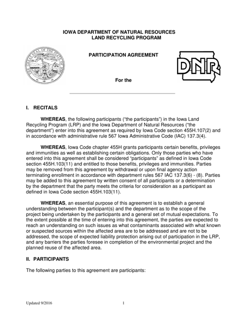 Participation Agreement Form - Iowa Download Pdf