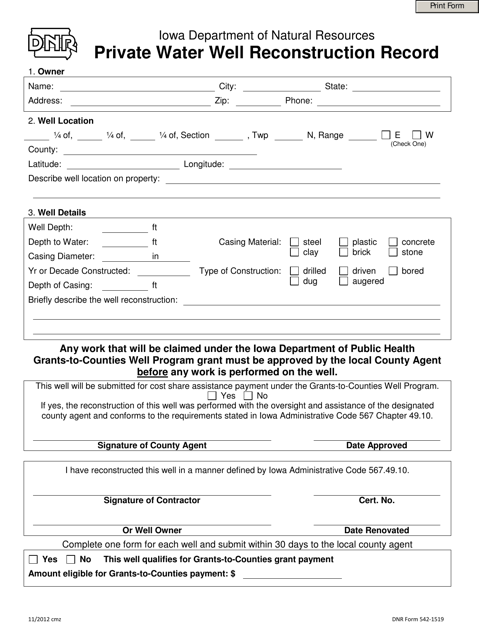 DNR Form 542-1519 Private Water Well Reconstruction Record - Iowa