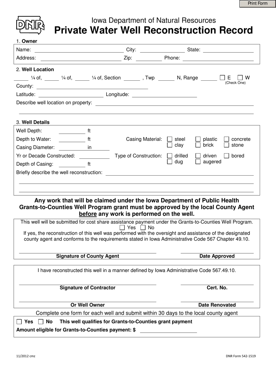 DNR Form 542-1519 Private Water Well Reconstruction Record - Iowa, Page 1