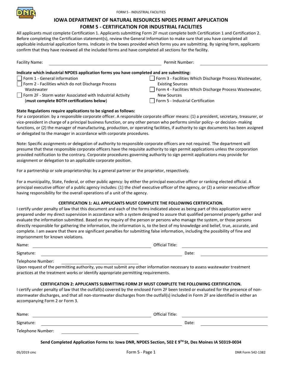 Form 5 (DNR Form 542-1382) Certification for Industrial Facilities - Iowa, Page 1