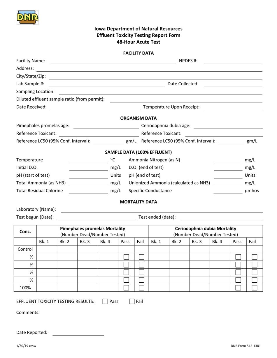 DNR Form 542-1381 Effluent Toxicity Testing Report Form 48-hour Acute Test - Iowa, Page 1
