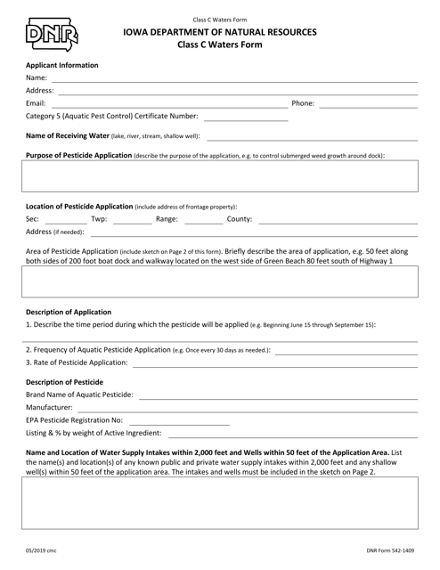 DNR Form 542-1409 Class C Waters Form - Iowa