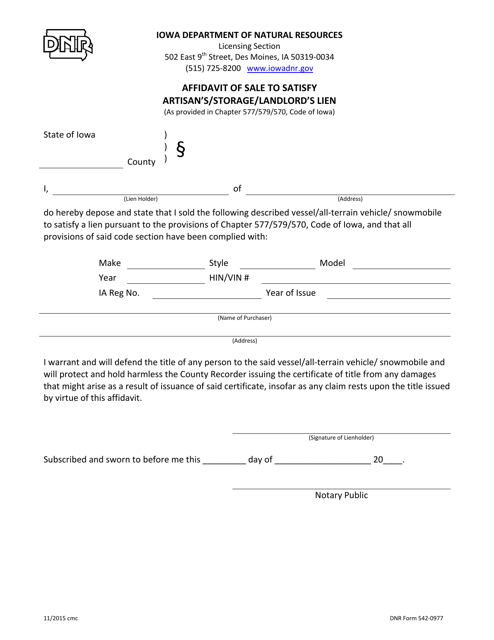 DNR Form 542-0977 Affidavit of Sale to Satisfy Artisan's/Storage/Landlord's Lien - Iowa
