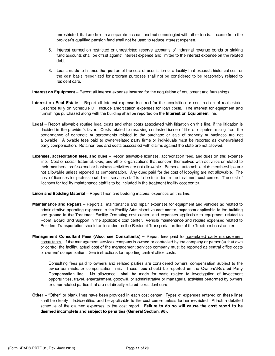 Instructions for Form KDADS-PRTF-01 Psychiatric Residential Treatment Facility Financial and Statistical Report (Cost Report) - Kansas, Page 11