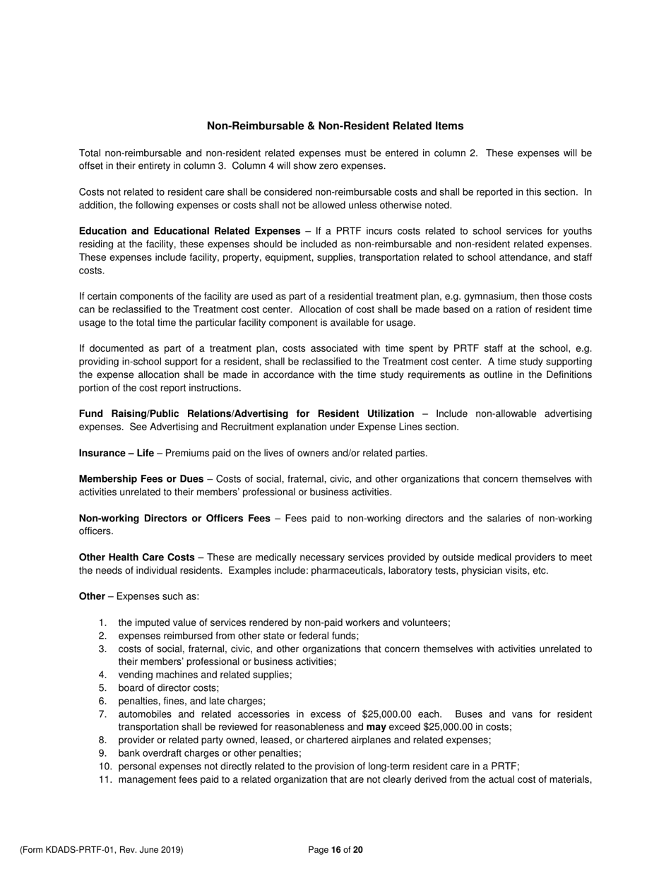 Instructions for Form KDADS-PRTF-01 Psychiatric Residential Treatment Facility Financial and Statistical Report (Cost Report) - Kansas, Page 16
