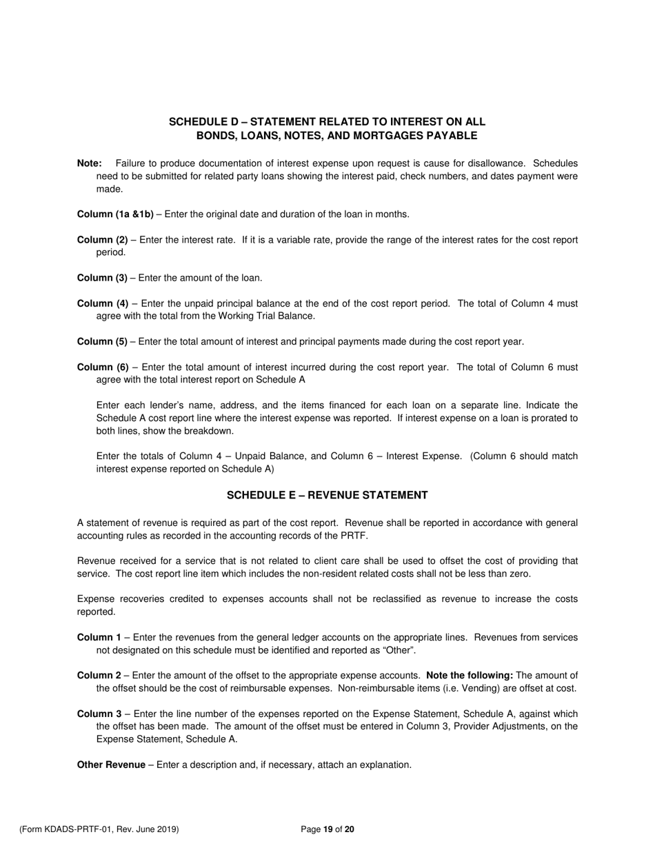 Instructions for Form KDADS-PRTF-01 Psychiatric Residential Treatment Facility Financial and Statistical Report (Cost Report) - Kansas, Page 19