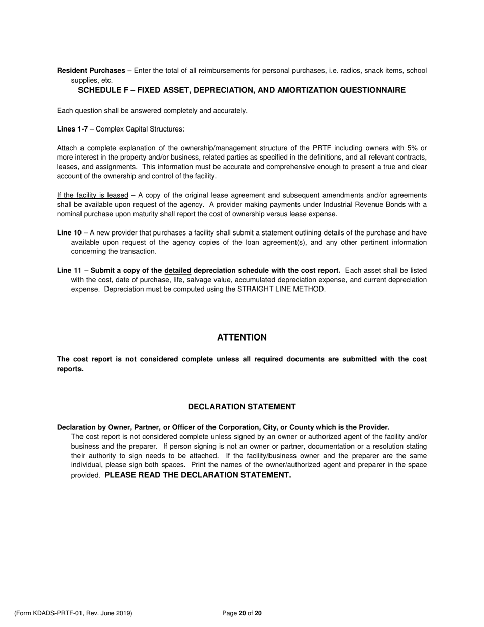 Instructions for Form KDADS-PRTF-01 Psychiatric Residential Treatment Facility Financial and Statistical Report (Cost Report) - Kansas, Page 20
