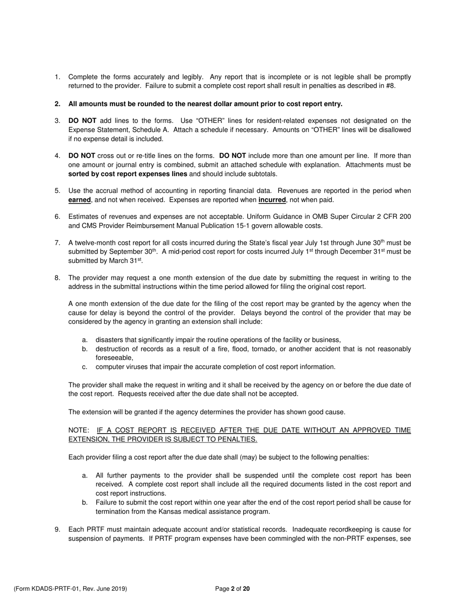 Instructions for Form KDADS-PRTF-01 Psychiatric Residential Treatment Facility Financial and Statistical Report (Cost Report) - Kansas, Page 2