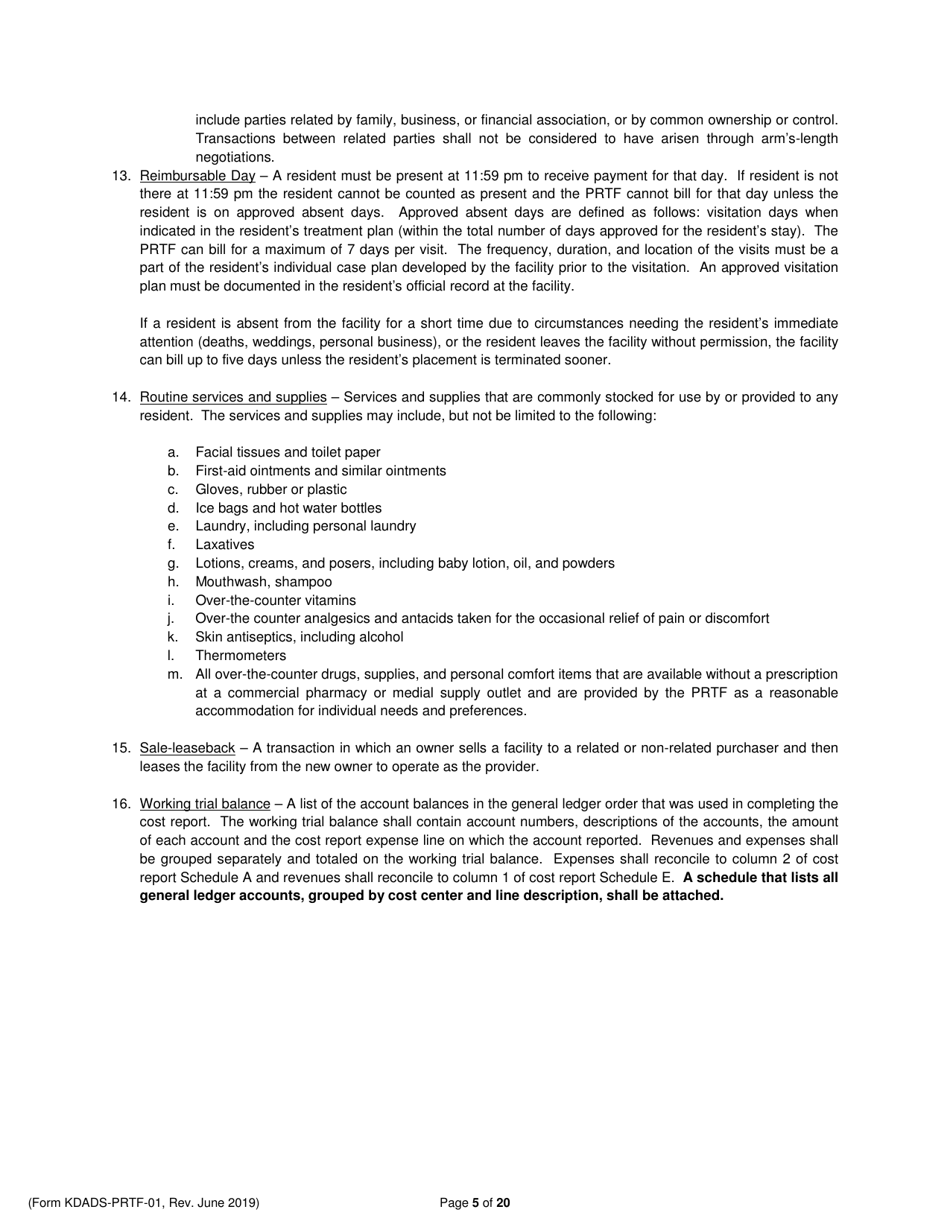 Instructions for Form KDADS-PRTF-01 Psychiatric Residential Treatment Facility Financial and Statistical Report (Cost Report) - Kansas, Page 5
