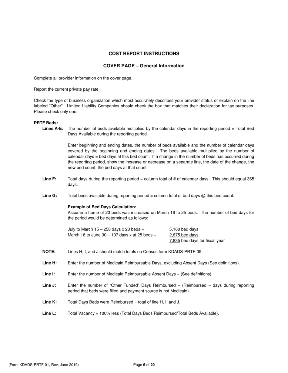Instructions for Form KDADS-PRTF-01 Psychiatric Residential Treatment Facility Financial and Statistical Report (Cost Report) - Kansas, Page 6