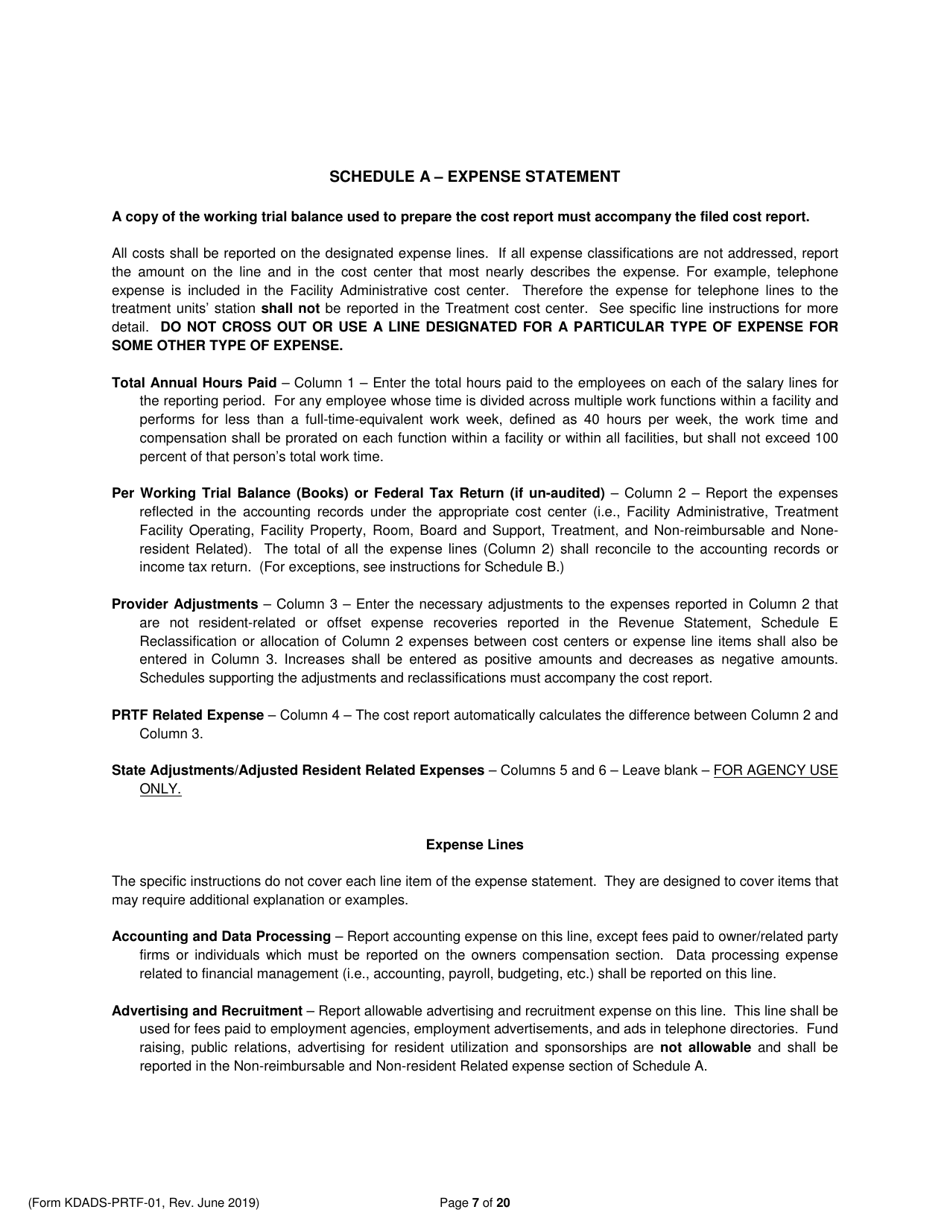 Instructions for Form KDADS-PRTF-01 Psychiatric Residential Treatment Facility Financial and Statistical Report (Cost Report) - Kansas, Page 7