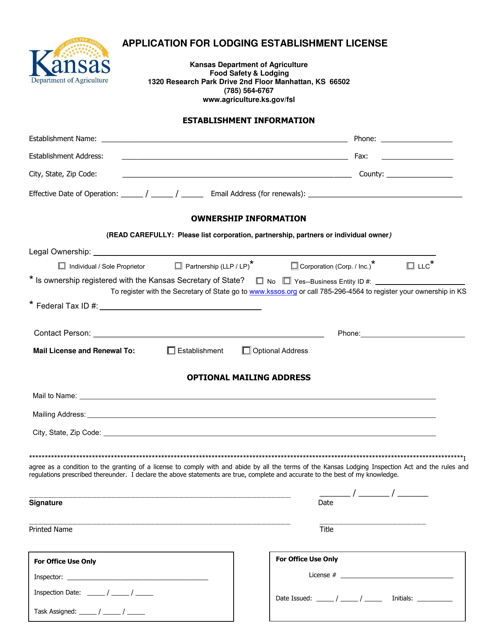 Application for Lodging Establishment License - Kansas