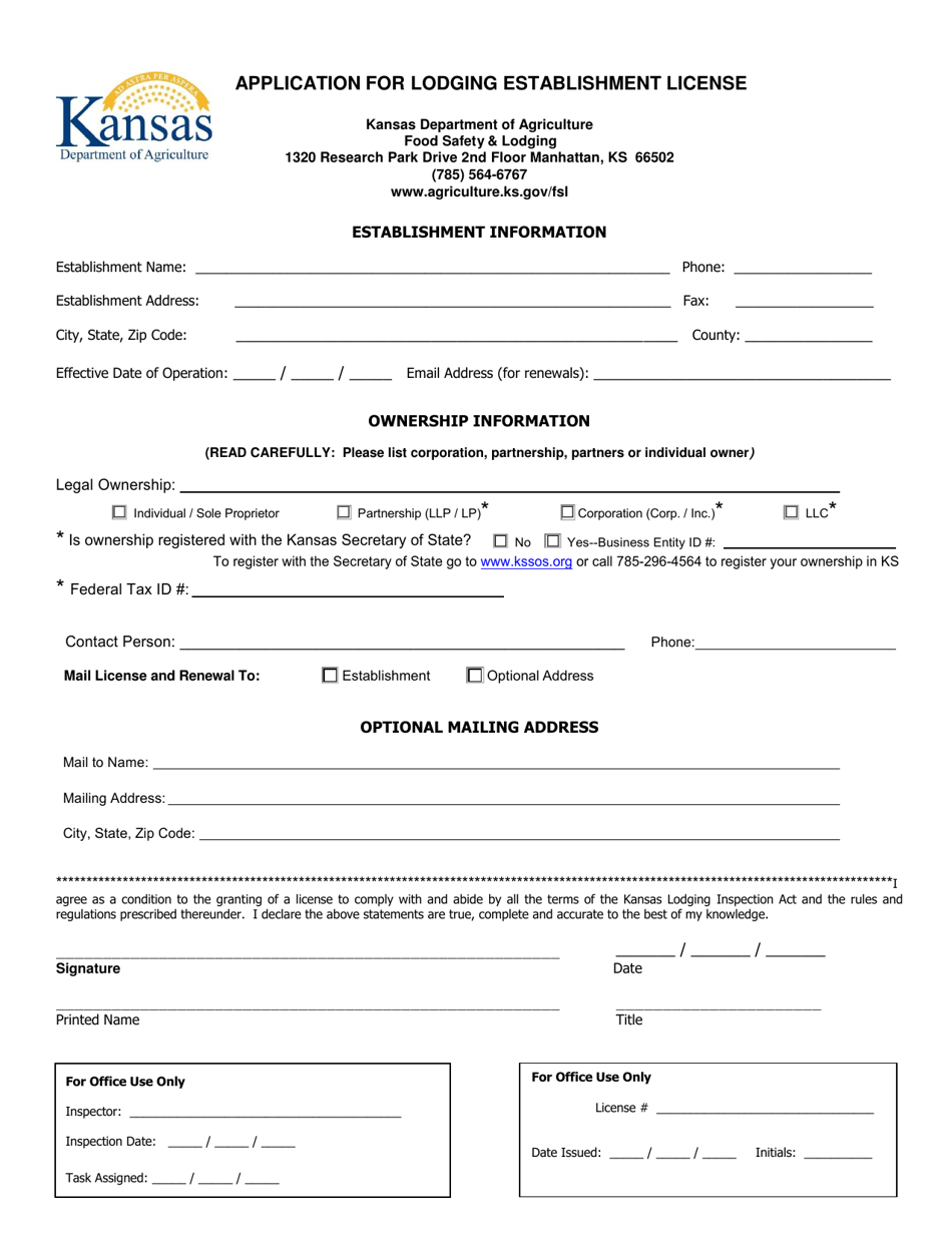 Application for Lodging Establishment License - Kansas, Page 1