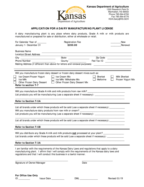 Application for a Diary Manufacturing Plant License - Kansas Download Pdf