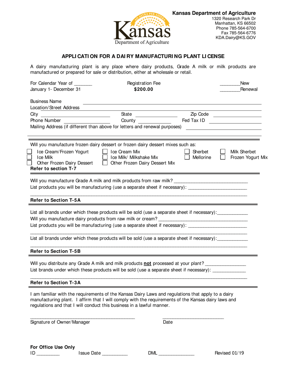 Application for a Diary Manufacturing Plant License - Kansas, Page 1