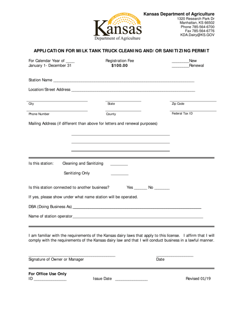 Application for Milk Tank Truck Cleaning and / or Sanitizing Permit - Kansas Download Pdf