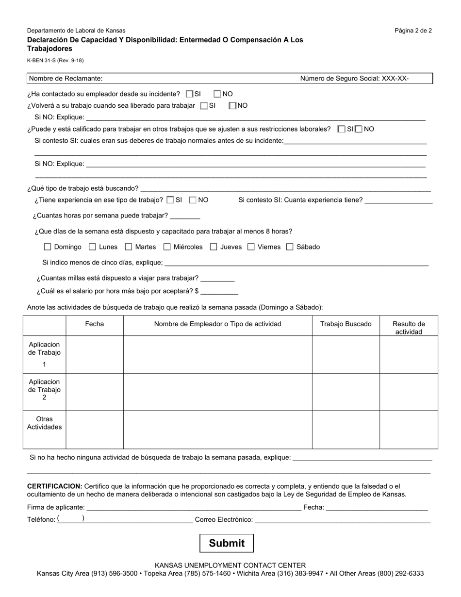 Formulario K-BEN31-S Declaracion De Capacidad Y Disponibilidad: Enfermedad O Compensacion a Los Trabajadores - Kansas (Spanish), Page 2