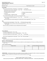 Form K-BEN3110 Claimant Separation Statement - Kansas, Page 2