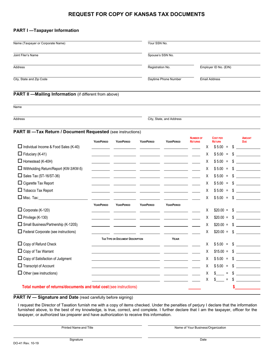 Form DO-41 Request for Copy of Kansas Tax Documents - Kansas, Page 1