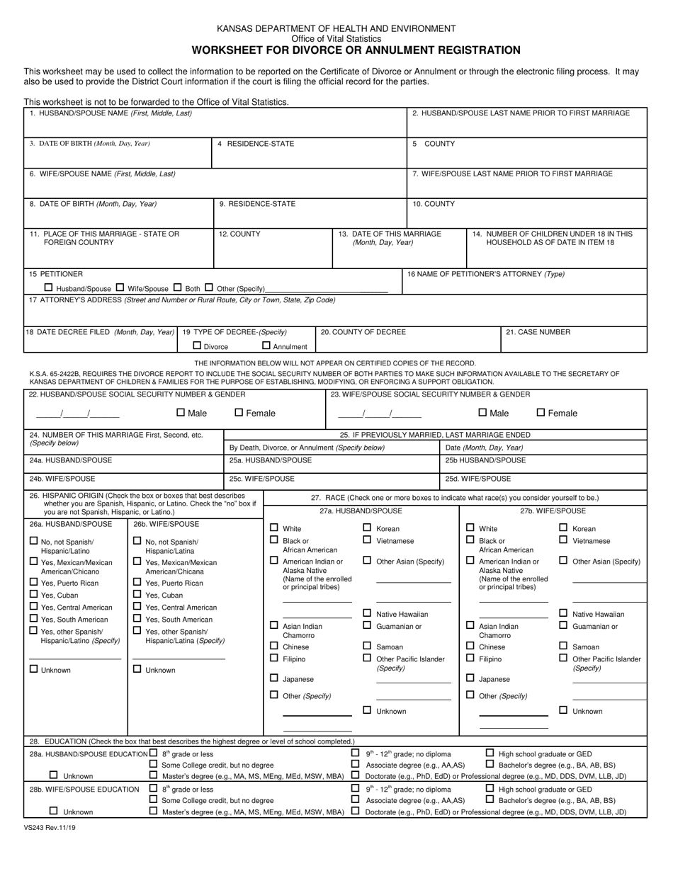 form vs243 download fillable pdf or fill online worksheet for divorce or annulment registration kansas templateroller