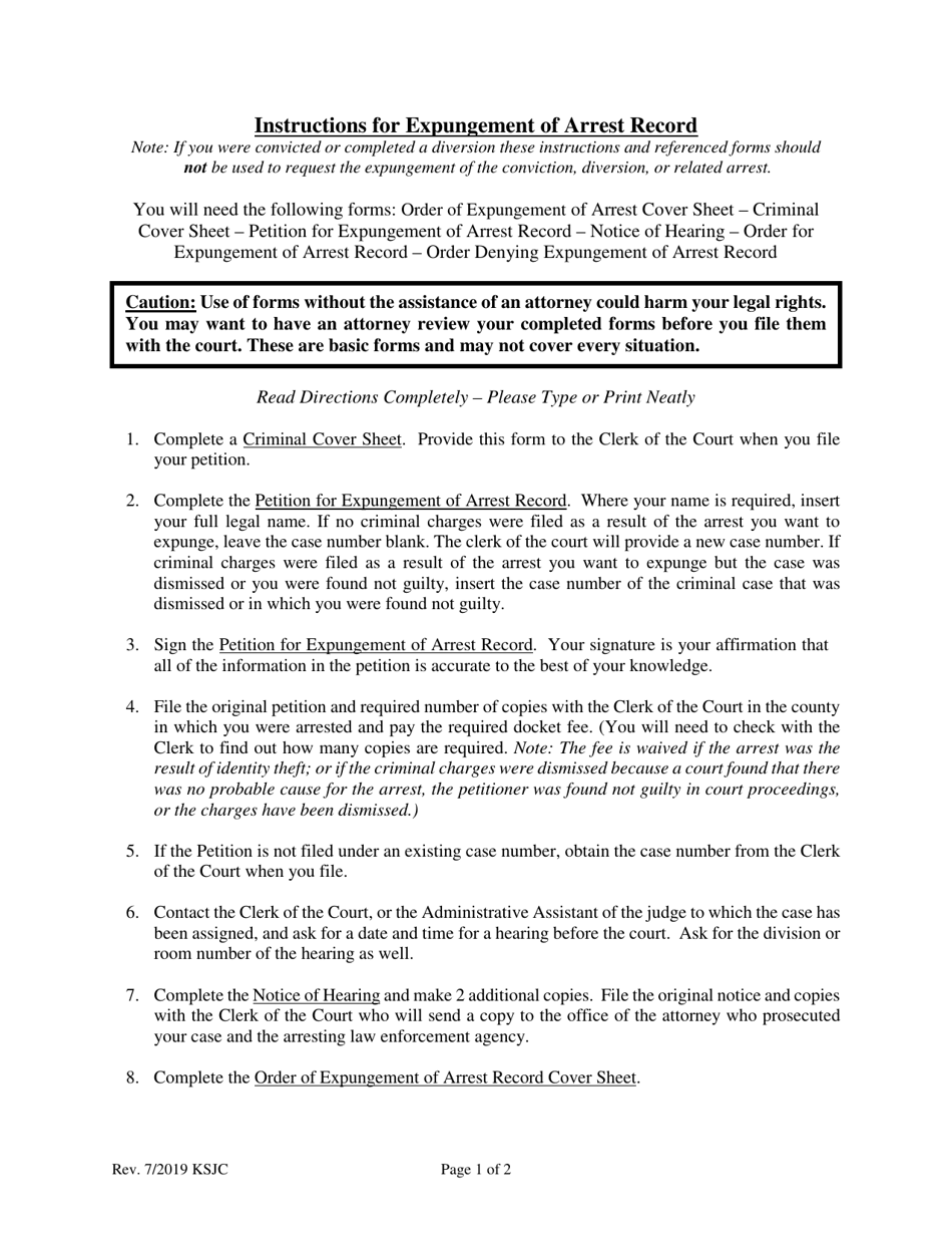 Instructions for Expungement of Arrest Record - Kansas, Page 1