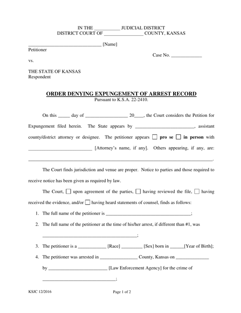 Order Denying Expungement of Arrest Record - Kansas
