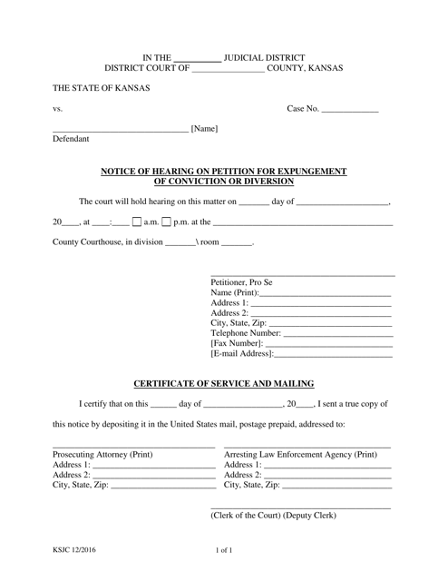 Notice of Hearing on Petition for Expungement of Conviction or Diversion - Kansas Download Pdf